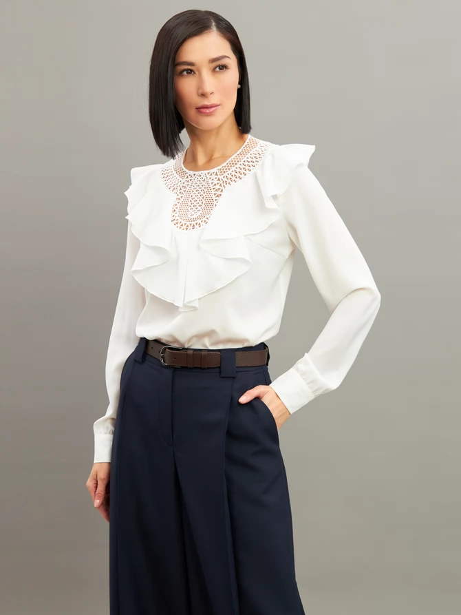 Блузка со вставкой из кружева и рюшей OD-1000-1 белый