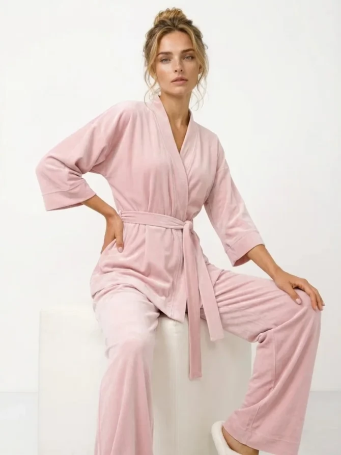 Пижама Кимоно+брюки из велюра OD-836-3 розовый