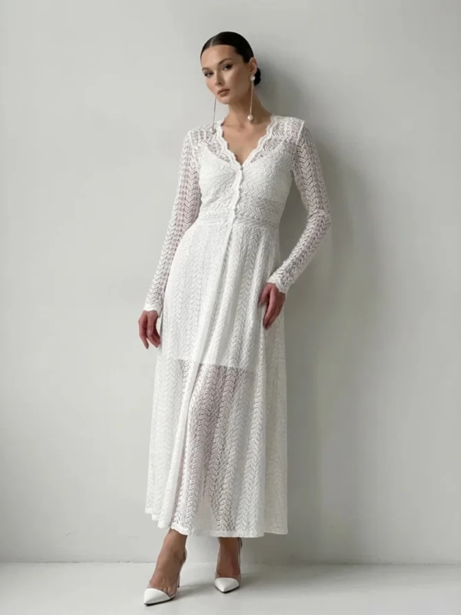 Платье из трикотажного кружева на подкладке с V-образным вырезом, белое OD-1017-2