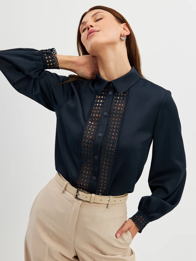 Блузка с кружевом OD-808-4 темно-синий