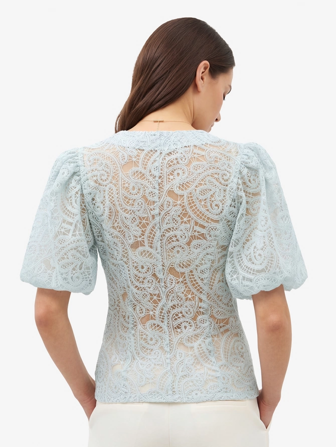 Блузка из кружева с объемными рукавами, бирюзовая