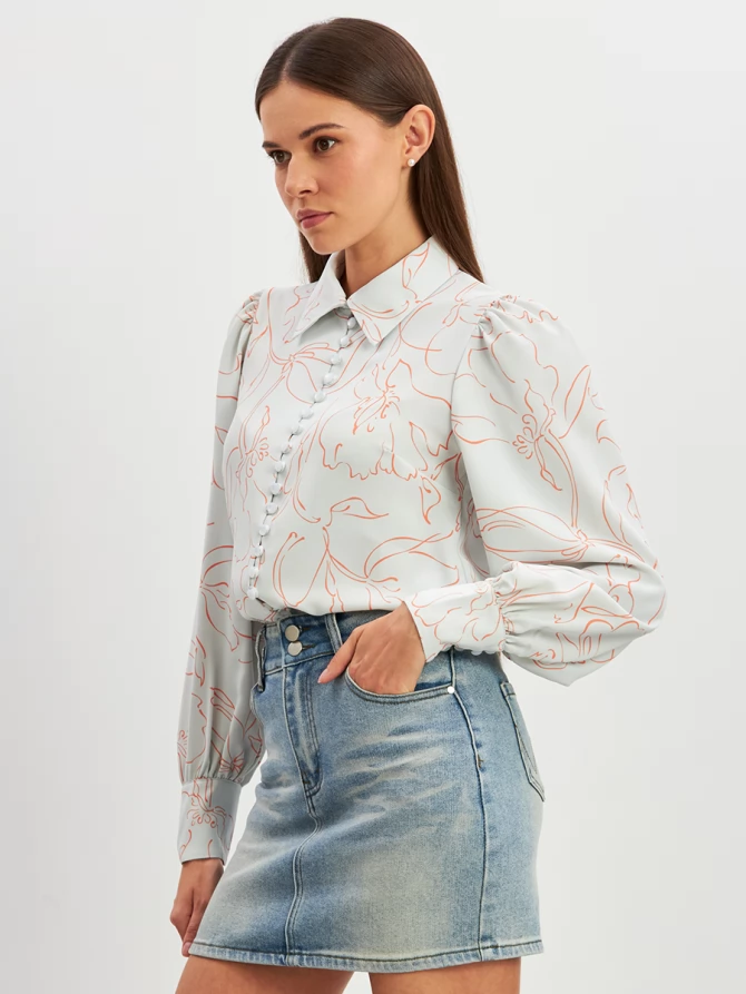 Блузка с принтом OD-639-26 голубая оранжевый цветок