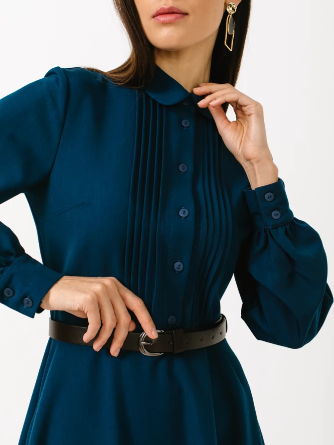 Платье из костюмной ткани с контрастным воротником и манжетом OD-841-2 бирюза