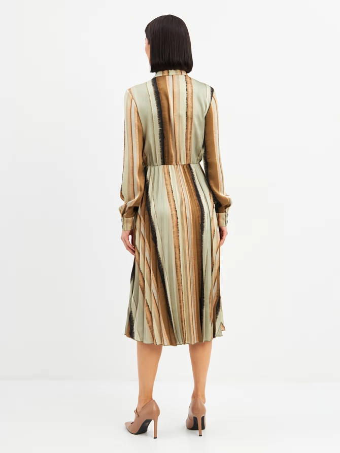 Платье с юбкой плиссе OD-883-2 коричневая с серой полосой