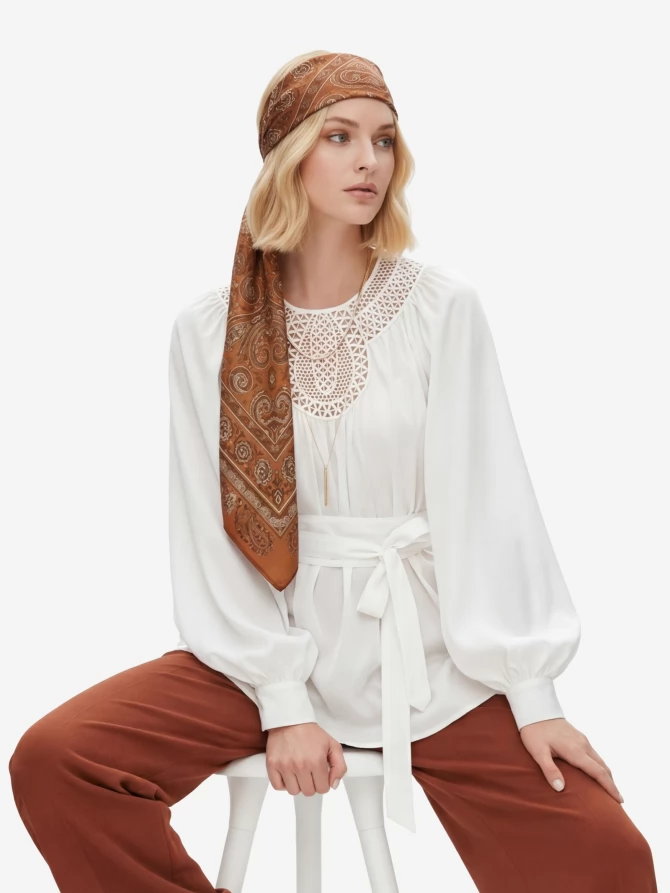 Блузка с кружевной вставкой и поясом-кушаком OD-1028-1 белый