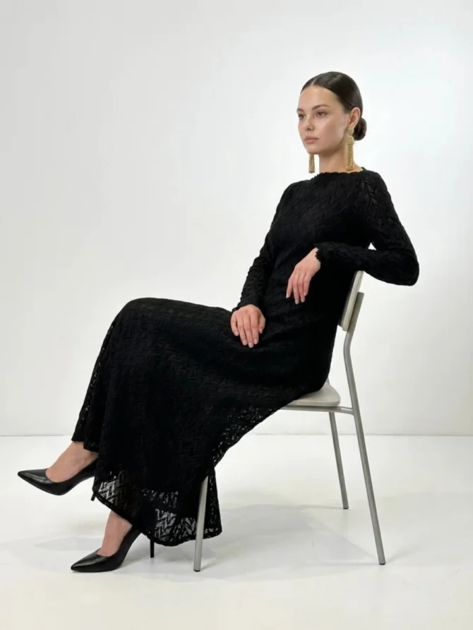 Платье из трикотажного кружева OD-904-3 черный с фестонами