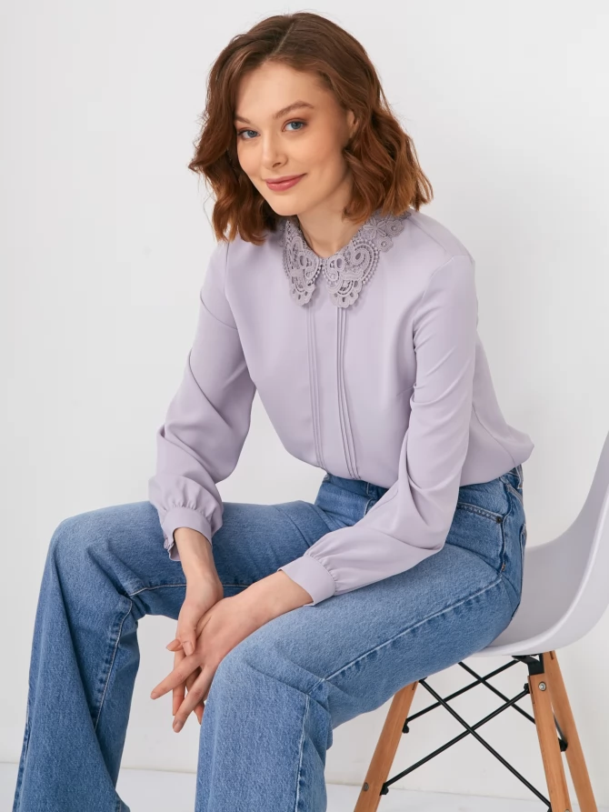 Блузка с кружевным воротником OD-861-4 светло-сиреневая