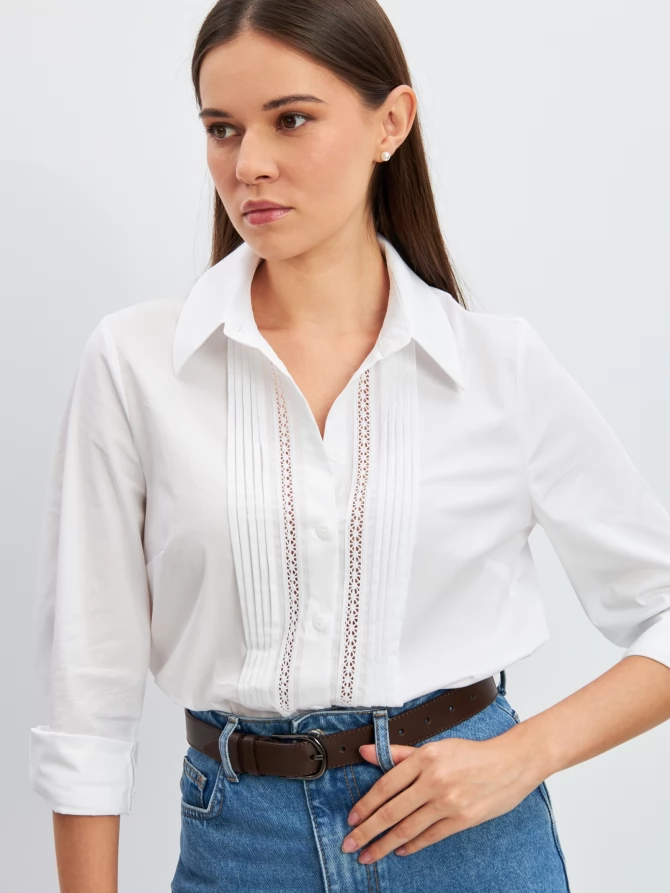 Блузка из хлопка со складками и кружевом OD-972-1 белый