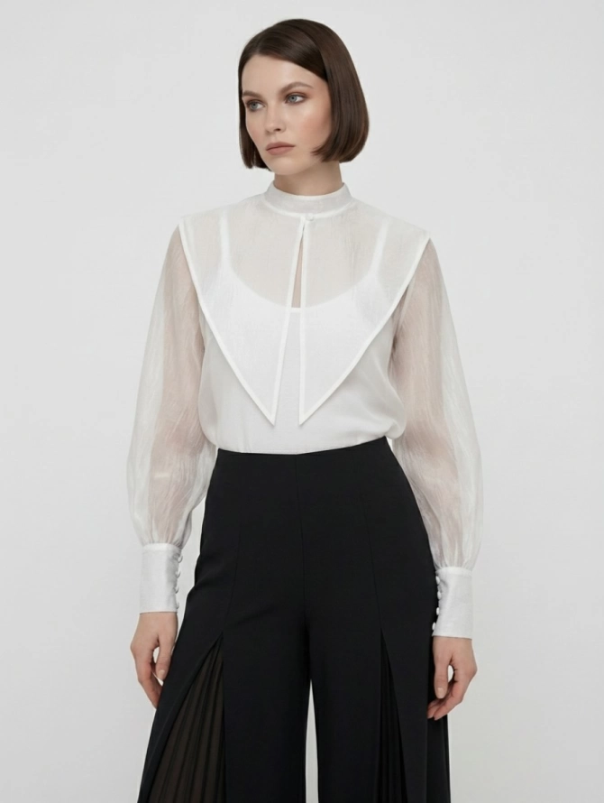 Блузка из органзы со съемным воротником синий