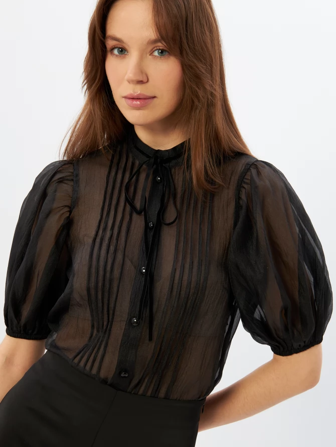 Блузка из органзы с бархатной завязкой и защипами  OD-951-3 черный