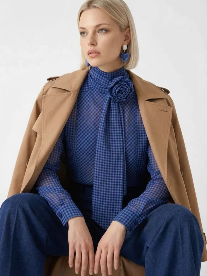 Блузка из органзы в клетку OD-984-1 фиолетовый с черным