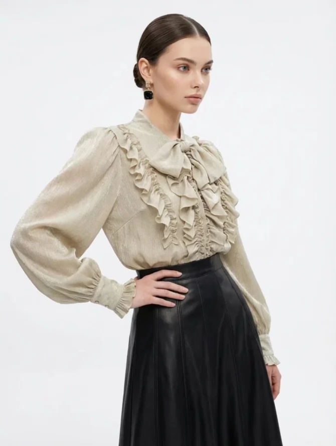 Блузка с рюшами и воротником-завязка OD-988-2 бежевый