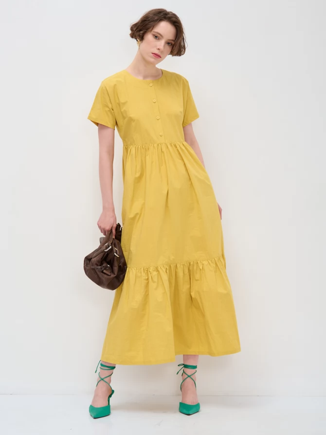 Платье хлопковое миди со спущенной проймой и воланом, цвет горчица