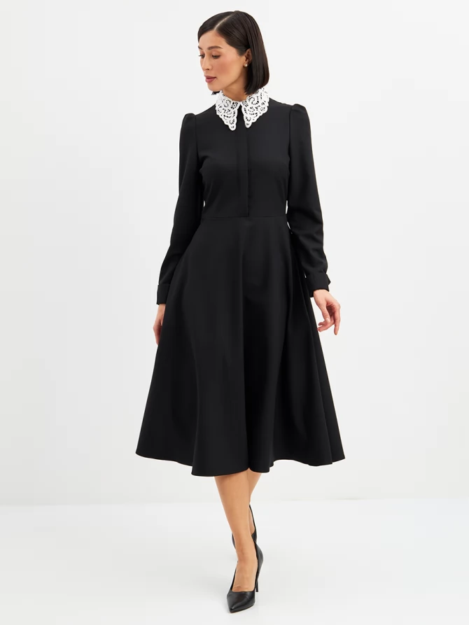 Платье с кружевным воротником потайная планка OD-886-1 черный