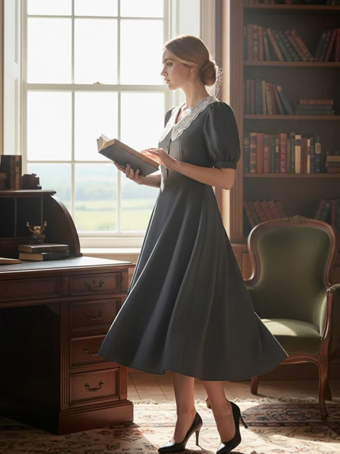 Платье с кружевным воротником  OD-888-1 серый