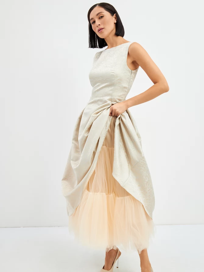 Платье из жаккарда + юбка из фатина OD-939-3 серо-голубой