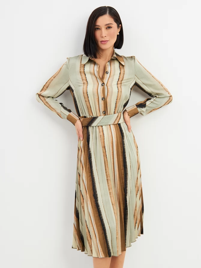 Платье с юбкой плиссе OD-883-2 коричневая с серой полосой