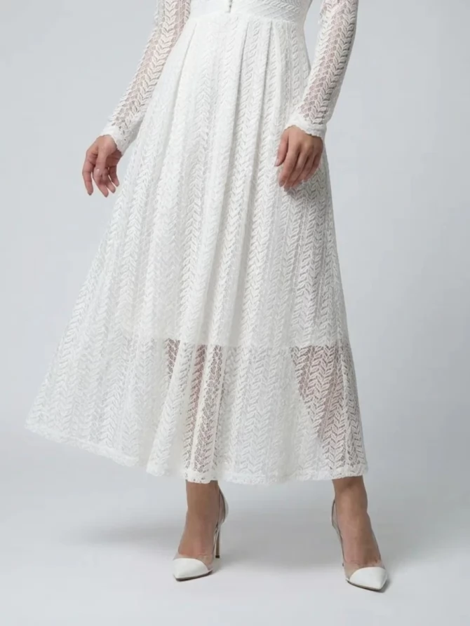 Платье из трикотажного кружева на подкладке с V-образным вырезом, белое OD-1017-2