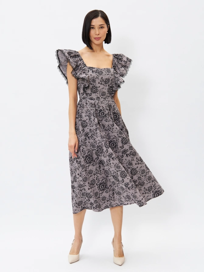 Платье из хлопка с кружевом OD-945-1, клетка ч/б с напылением