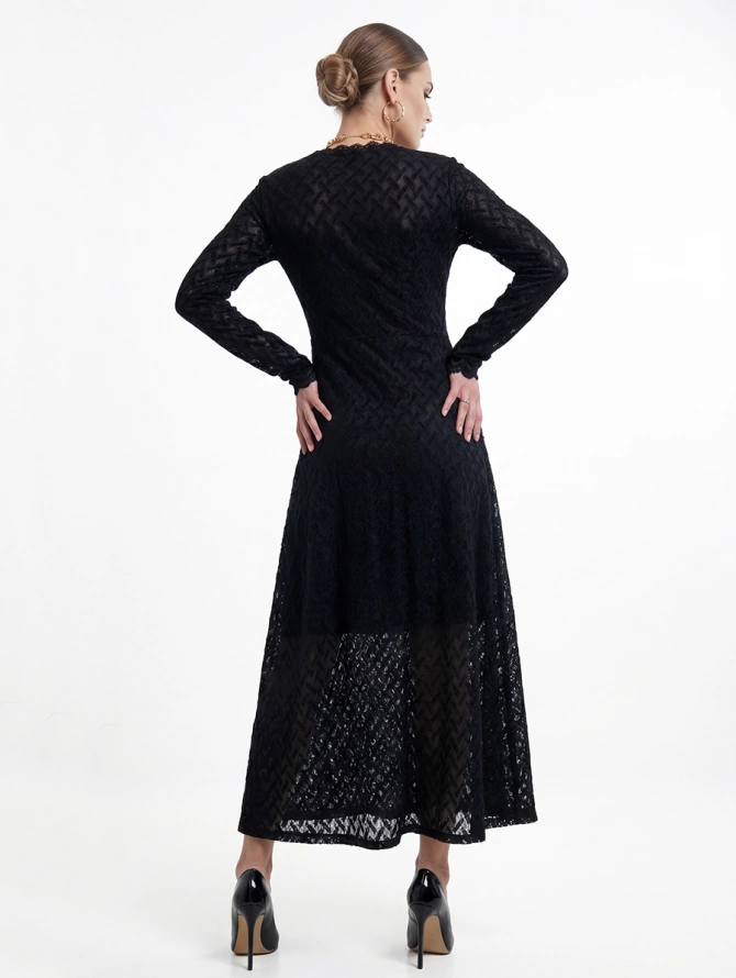 Платье из трикотажного кружева на подкладке с V-образным вырезом, черный, с фестонами