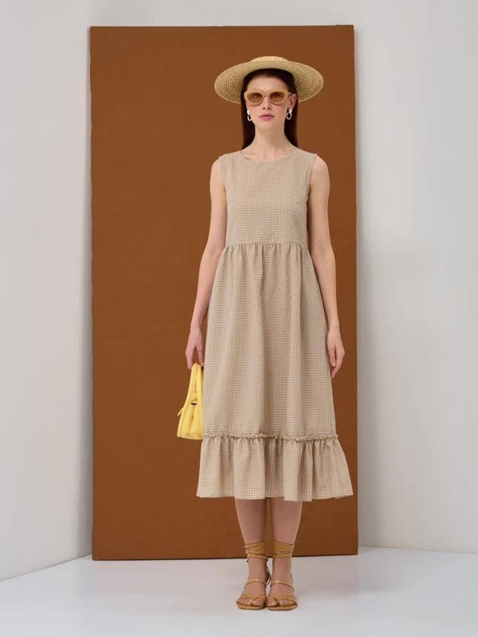 Платье хлопок OD-792-2 клетка желто-фиолетовая