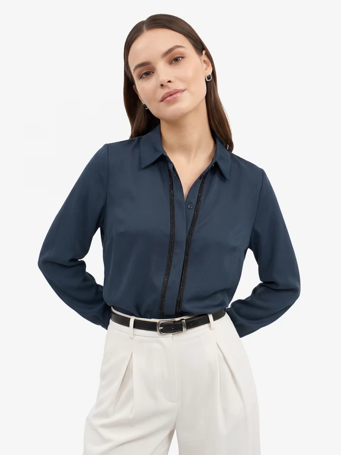 Блуза с узкой бисерной тесьмой OD-1016-1 темно-синий