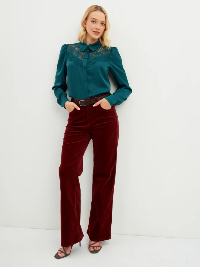 Блузка с кружевом на полочке OD-892-1 т.зеленый