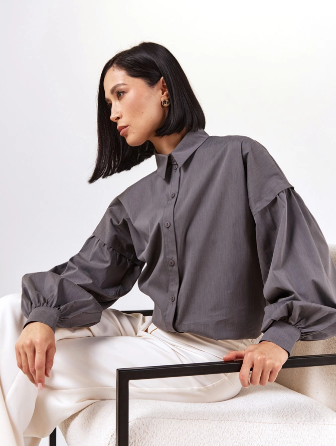 Рубашка с пышным рукавом, серый джинс