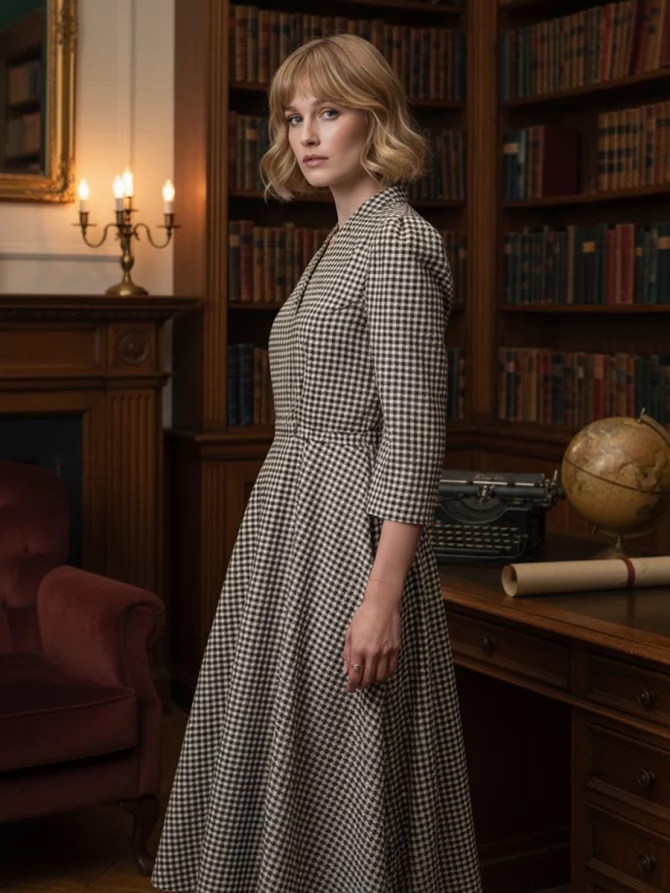 Платье с воротником стойка  OD-885-2 клетка сливочно-коричневая