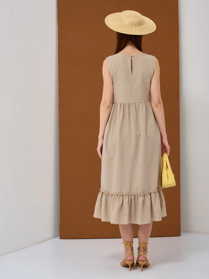 Платье миди из хлопка в желто-фиолетовую клетку OD-792-2