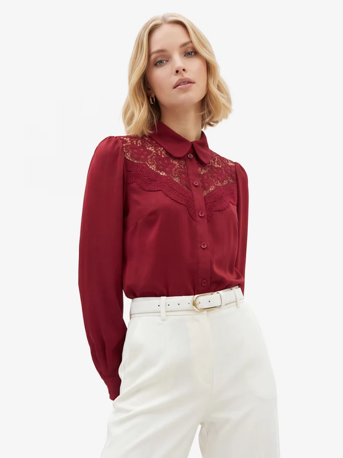 Блузка с кружевом на полочке OD-892-3 бордовый