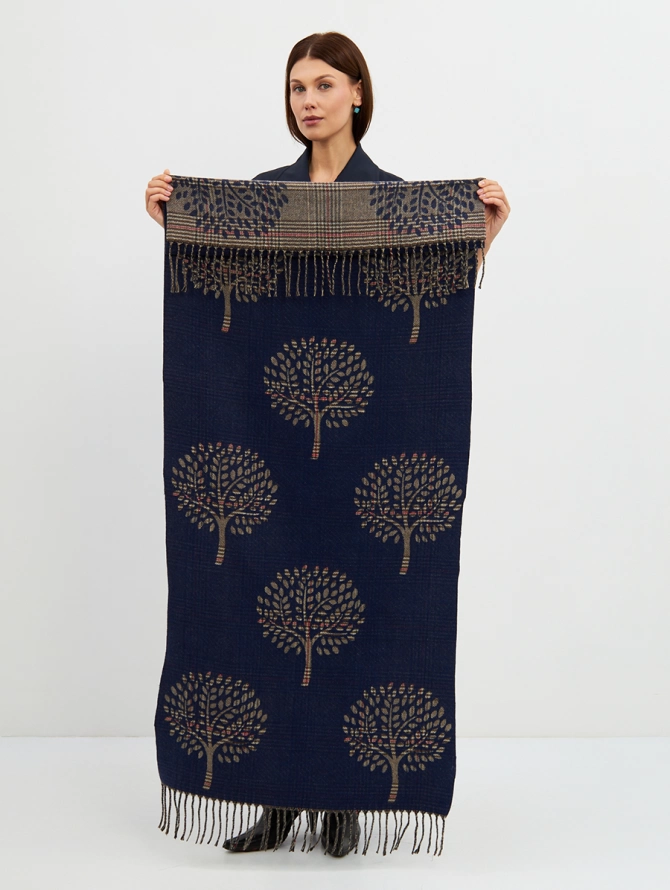 Палантин женский двусторонний в клетку с рисунком