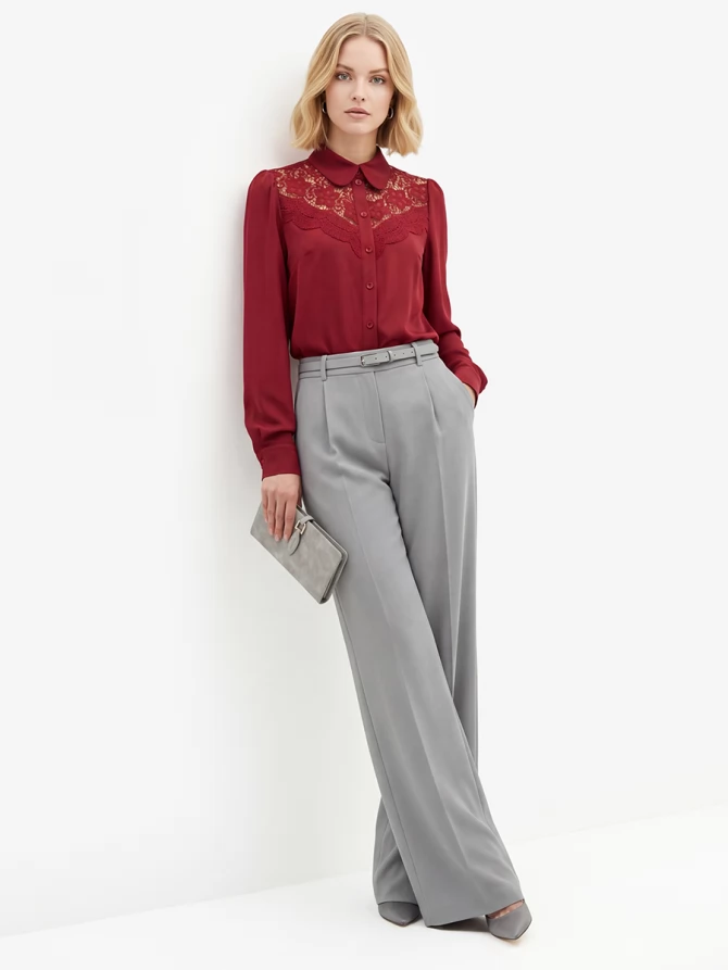 Блузка с кружевом на полочке OD-892-3 бордовый