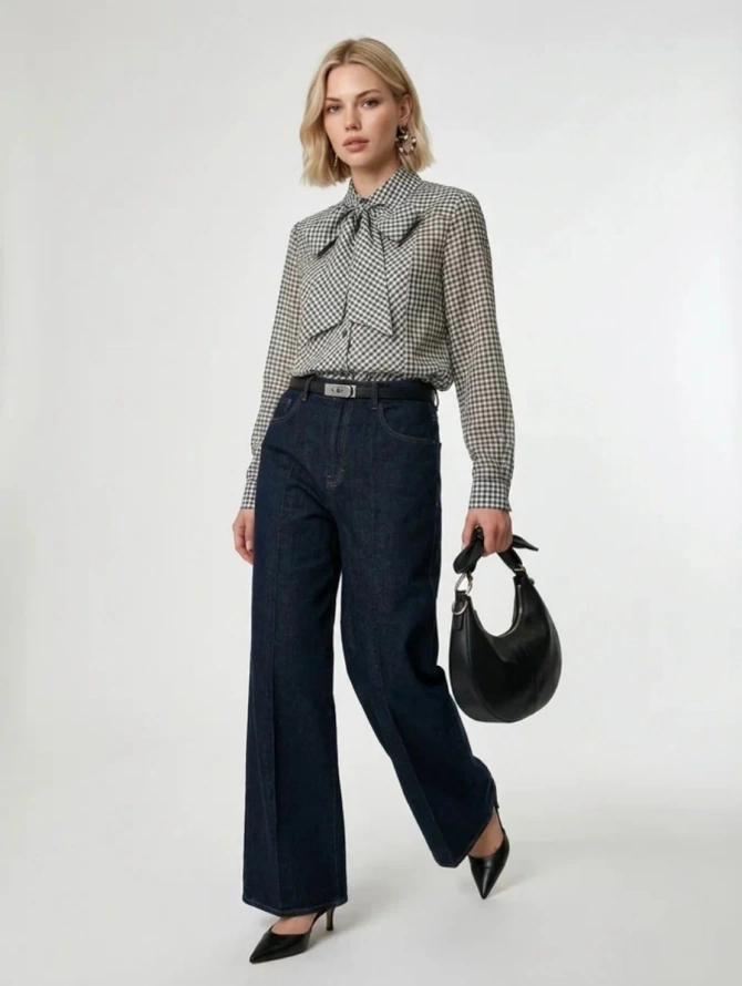 Блузка из органзы в клетку OD-984-2 коричневый с белым