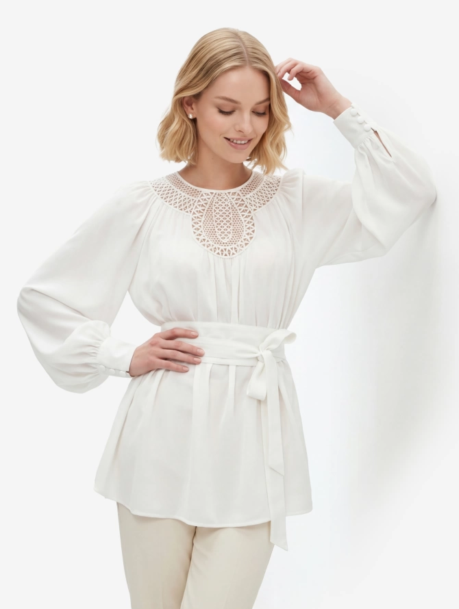 Блузка с кружевной вставкой и поясом-кушаком OD-1028-1 белый