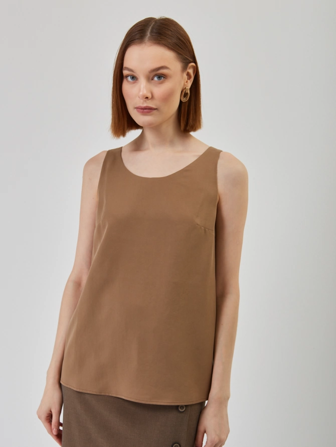 Топ из блузочной ткани с круглым вырезом OD-820-1, коричневый