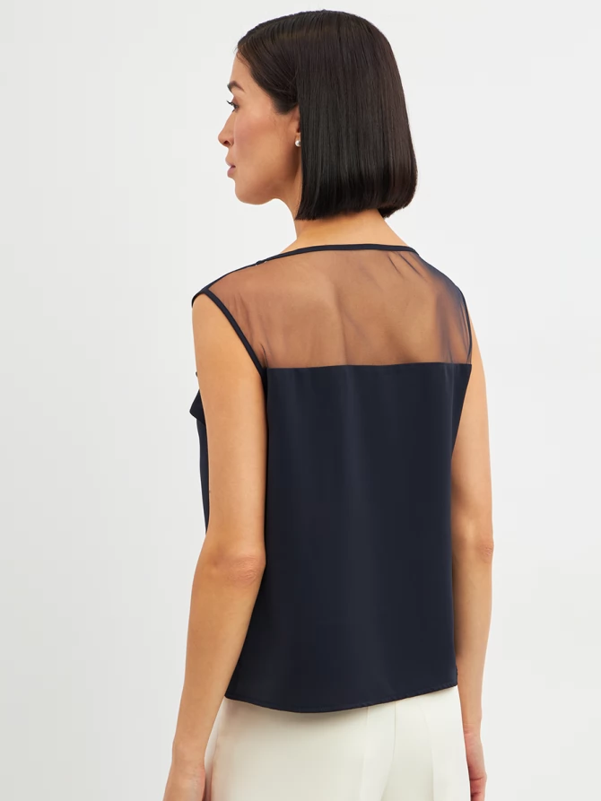 Блузка без рукавов с сеткой и воланом OD-992-2 т. синий