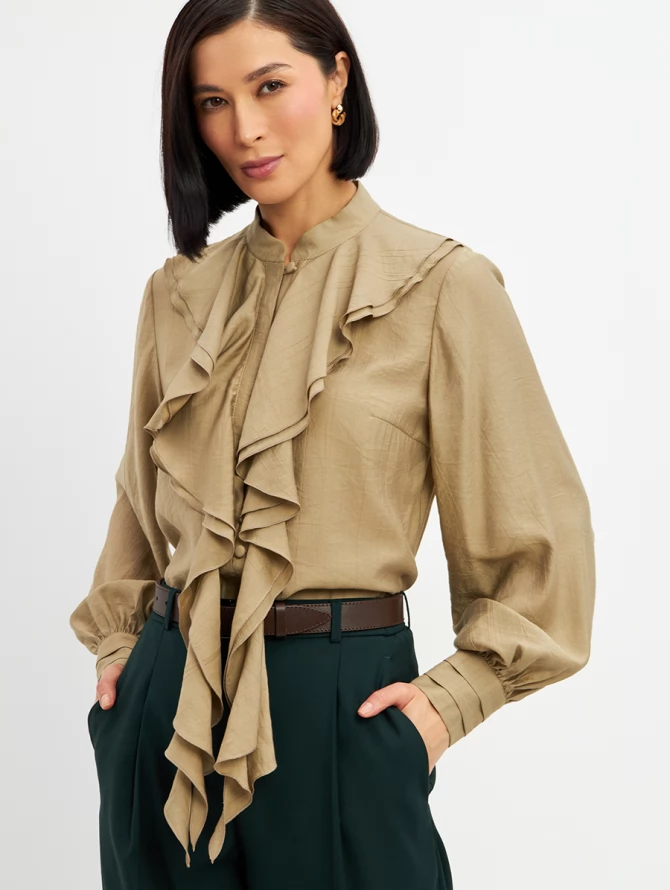 Блузкас отлетными рюшами OD-914-2 хаки