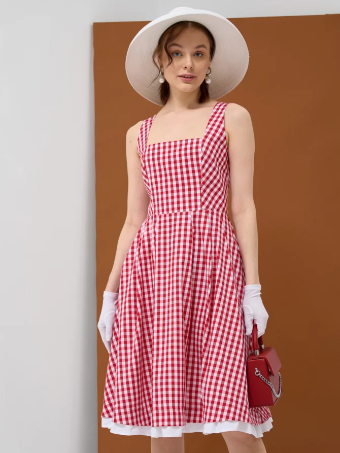 Платье хлопок OD-799-2 клетка красно-белая