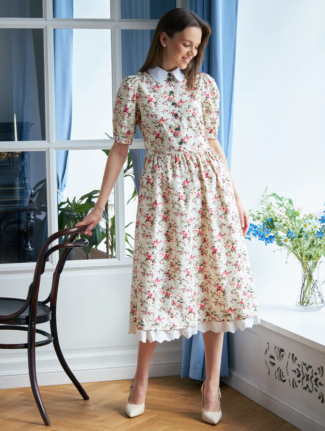 Платье хлопок OD-790-6 молочный мелкий цветок