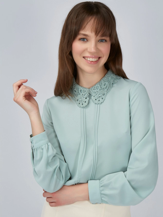 Блузка с кружевным воротником OD-861-5 светло-зеленый
