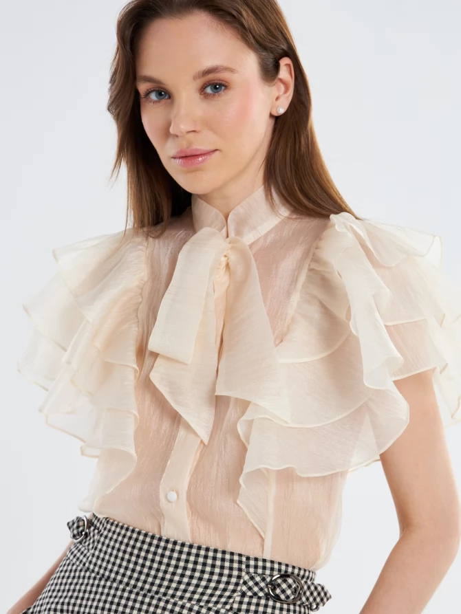 Блузка из органзы с рюшами и бантом OD-929-4 молочный