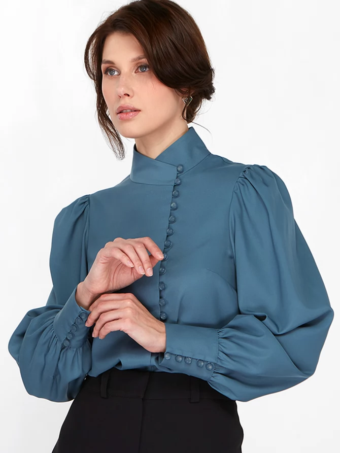 Блуза-косоворотка много пуговиц OD-550-14 серо-зеленый-голубой (морская волна)