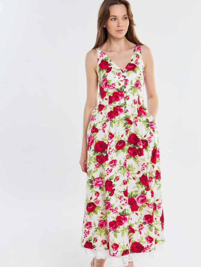 Платье из хлопка с кружевом OD-925-1, цветы на белом