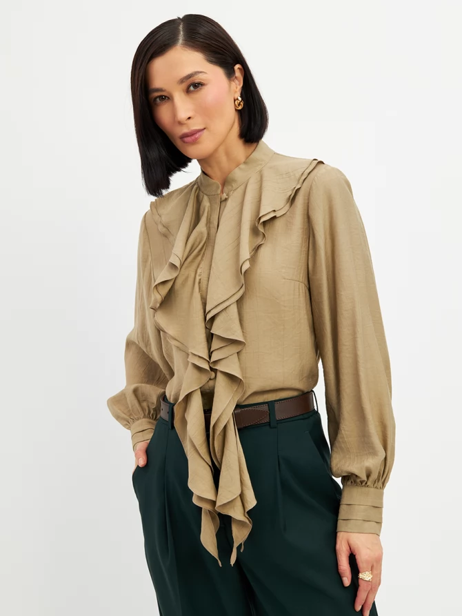 Блузкас отлетными рюшами OD-914-2 хаки