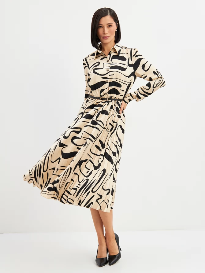 Платье с юбкой плиссе OD-883-3 бежевый с черными разводами