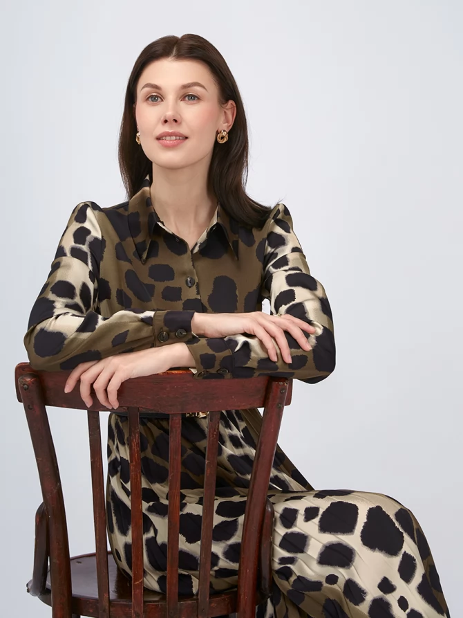 Платье с юбкой плиссе OD-883-1 леопард коричневый с хаки