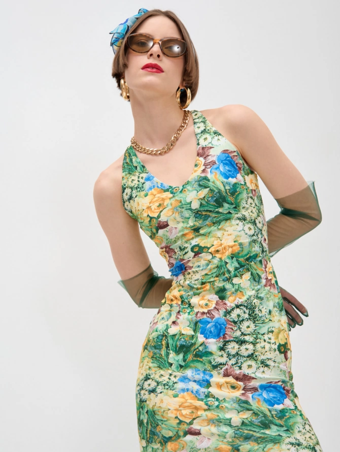 Платье прилегающего силуэта из трикотажа масло с цветочным принтом