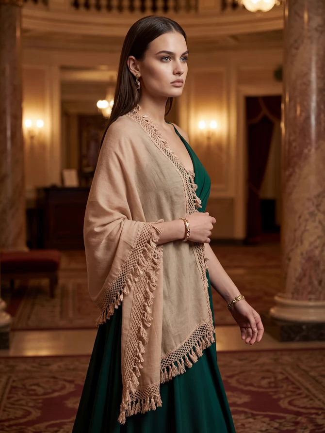 Палантин женский с кружевной отделкой и бахромой SHUT-152-1