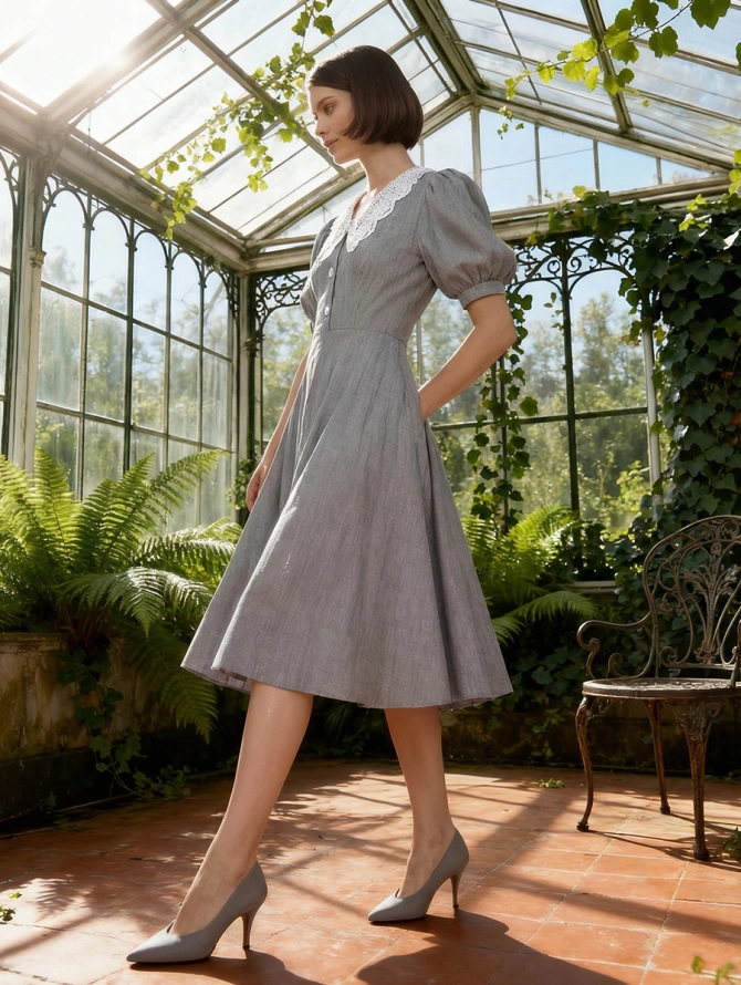 Платье с кружевным воротником OD-888-2 светло-серый